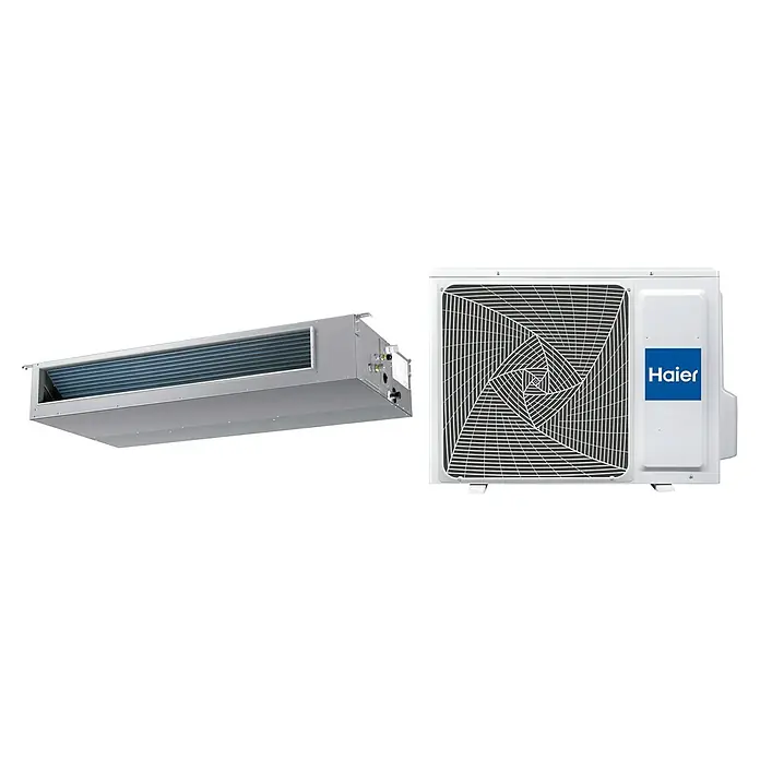 Haier Aire acondicionado por conductos AD125S2SM9FA - 12.300 W, 12.700 W, Tamaño de la estancia: 90 m² - 120 m² - Unidad interior plateada Haier de conductos y unidad exterior blanca con rejilla de ventilador.
