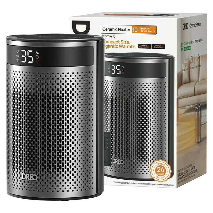 Dreo Calefactor cerámico portátil Atom - 900 kW - 1.500 kW, Negro/Plata, Fijo, 10 m² - 20 m² - Calefactor cerámico cilíndrico DREO, plateado con acentos negros y pantalla digital (35°C), mostrado con su embalaje.