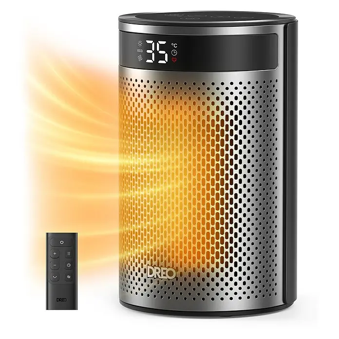 Dreo Calefactor cerámico portátil Atom - 900 kW - 1.500 kW, Negro/Plata, Fijo, 10 m² - 20 m² - Calefactor de ambiente negro y metálico con pantalla digital mostrando 35°C y un brillo de calor naranja. Incluye mando a distancia negro.