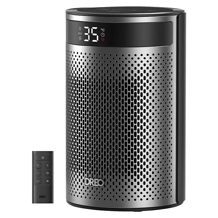 Dreo Calefactor cerámico portátil Atom - 900 kW - 1.500 kW, Negro/Plata, Fijo, 10 m² - 20 m² - Calefactor eléctrico cilíndrico plateado con pantalla digital de 35°C y mando a distancia.