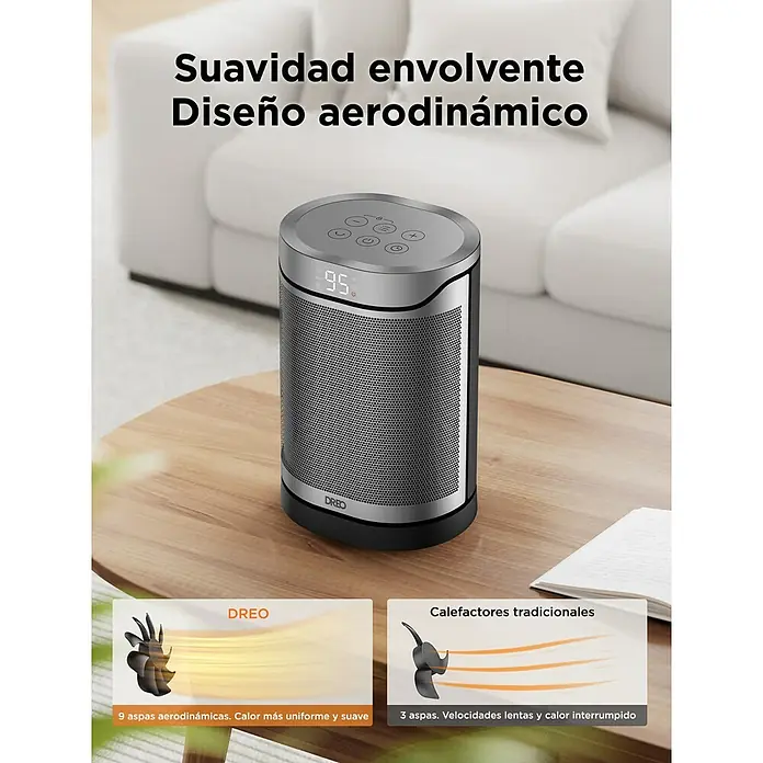 Dreo Calefactor cerámico portátil Heater 318 - 900 kW - 1.500 kW, Negro/Plata, Oscilante - Elegante calefactor cilíndrico plateado y negro con pantalla digital, que ofrece calidez envolvente y diseño aerodinámico.