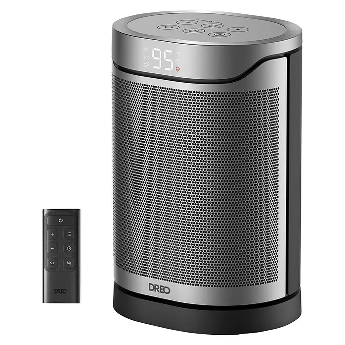 Dreo Calefactor cerámico portátil Heater 318 - 900 kW - 1.500 kW, Negro/Plata, Oscilante - Calefactor cilíndrico DREO plateado y negro con pantalla digital, rejilla de malla y control remoto a juego.