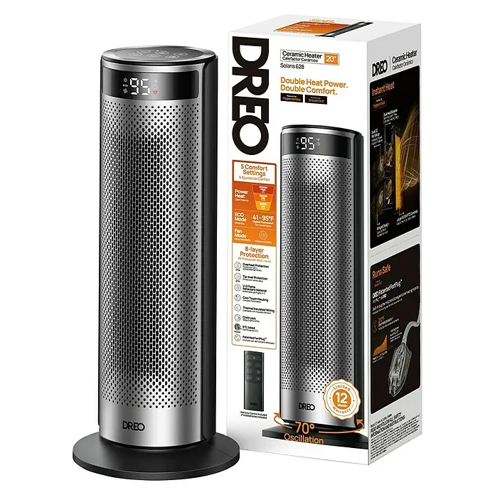 Dreo Calefactor cerámico Solaris SH628 - 900 kW - 2.000 kW, Negro/Plata, Oscilante - Calefactor cerámico de torre Dreo Solaris 628 negro y plateado con pantalla digital, rejilla perforada y mando a distancia, junto a su caja.