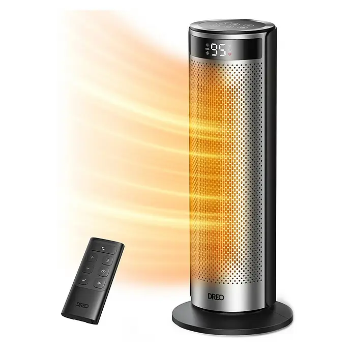 Dreo Calefactor cerámico Solaris SH628 - 900 kW - 2.000 kW, Negro/Plata, Oscilante - Calefactor de torre negro y plateado con rejilla naranja brillante y pantalla digital (95), junto a un mando a distancia negro.