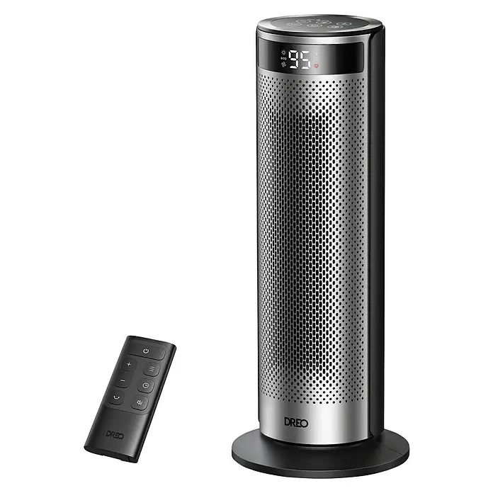 Dreo Calefactor cerámico Solaris SH628 - 900 kW - 2.000 kW, Negro/Plata, Oscilante - Elegante calefactor de torre negro y plata con pantalla digital (95°F, ECO) y mando a distancia negro.