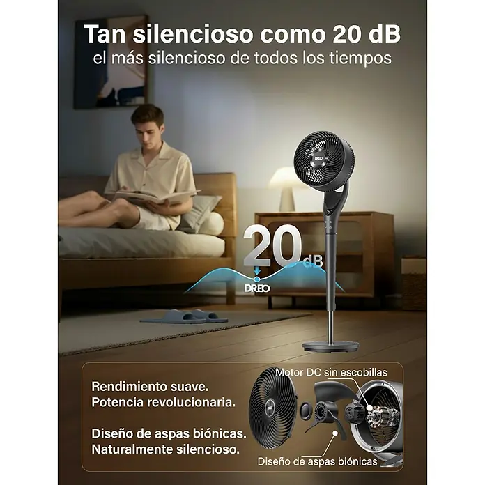 Ventilador de pie TurboPoly 154 - Negro, 20 cm, 96 cm - Ventilador de pie oscuro con aspas biónicas y motor DC sin escobillas en dormitorio, destacando su funcionamiento silencioso (20 dB).