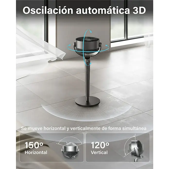 Ventilador de pie TurboPoly 154 - Negro, 20 cm, 96 cm - Ventilador gris oscuro con oscilación automática 3D (150° horizontal, 120° vertical) para distribución de aire simultánea.