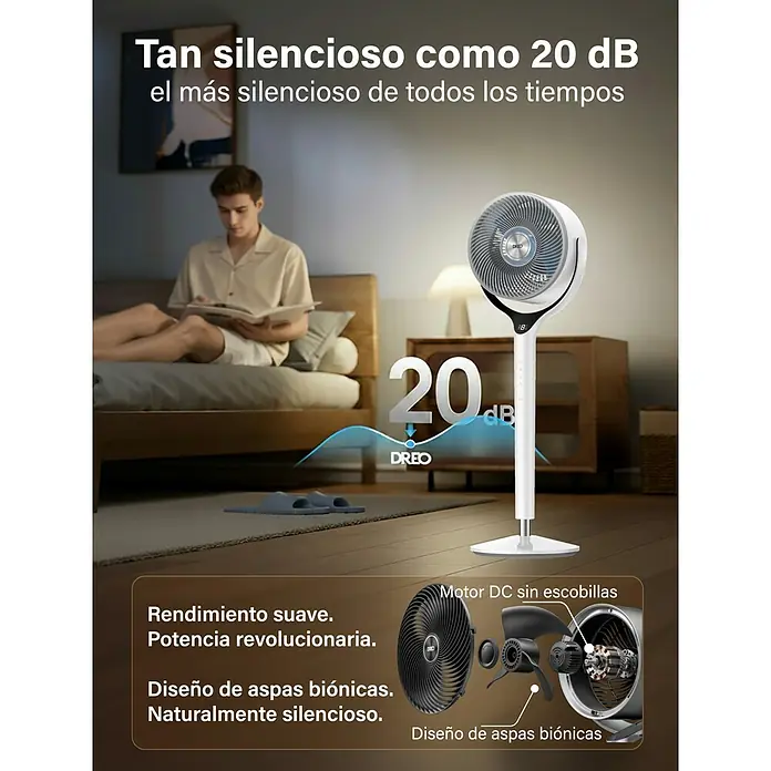Ventilador de pie TurboPoly 565S - Blanco, Diámetro: 23 cm, Altura: 94 cm - Ventilador Dreo blanco en un dormitorio, destacando su funcionamiento silencioso (20 dB), motor DC sin escobillas y aspas biónicas.