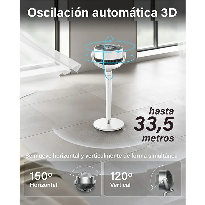 Ventilador de pie TurboPoly 565S - Blanco, Diámetro: 23 cm, Altura: 94 cm - Ventilador de pie blanco con oscilación automática 3D en una habitación, muestra 150° horizontal y 120° vertical, con alcance de hasta 33,5 metros.