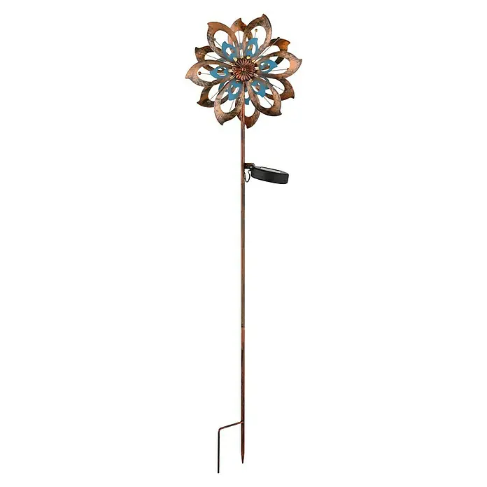 Globo Solar-Dekoleuchte Windrad - L x B x H: 22,5 x 12 x 92 cm, Warmweiß, IP44 - Gartenstecker aus Metall mit rustikalem Bronzeblumen-Design und teal Akzenten, inklusive integriertem Solarpanel und Erdspieß.