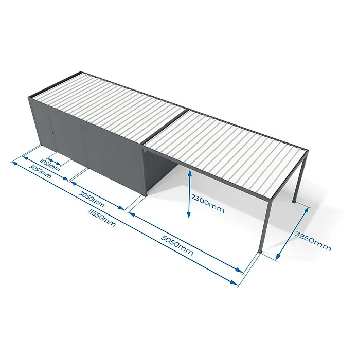 Wismar-NFI Carport - Außenmaß inkl. Dachüberstand (B x T): 3,25 x 1,16 m, Einzelcarport, Mit Anbau - Dunkelgrauer Schuppen mit angebautem Carport, beide mit weißen Wellblechdächern. Maße angezeigt.