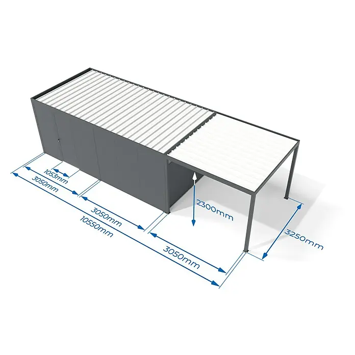 Wismar-NFI Carport - Außenmaß inkl. Dachüberstand (B x T): 3,25 x 9,55 m, Einzelcarport, Mit Anbau - Grauer Wellblech-Lagerschuppen mit Anbau-Carport und Maßangaben für den Außenbereich.