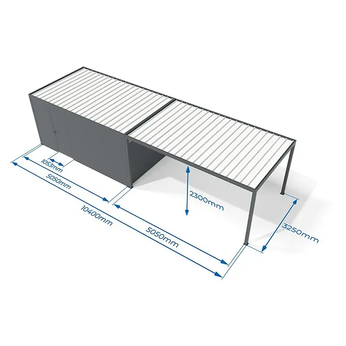 Wismar-NFI Carport - Außenmaß inkl. Dachüberstand (B x T): 3,25 x 1,04 m, Einzelcarport, Mit Anbau - Grauer Metallschuppen mit angebautem Carport und Wellblechdach zur Lagerung und Fahrzeugunterstand.