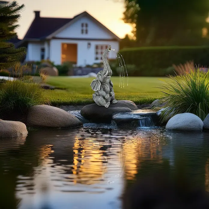 Globo Solar-Dekoleuchte Elefant - L x B x H: 13,5 x 13 x 32,5 cm - Graue Elefantenfigur in Steinoptik am Gartenteich, deren Rüssel scheinbar Wasser sprüht.