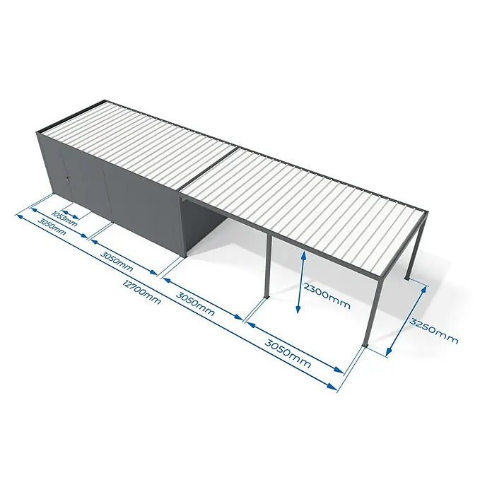 Wismar-NFI Carport - Außenmaß inkl. Dachüberstand (B x T): 3,25 x 1,27 m, Einzelcarport, Mit Anbau - Grauer Metallschuppen mit weißem Wellblechdach und angeschlossenem Carport.