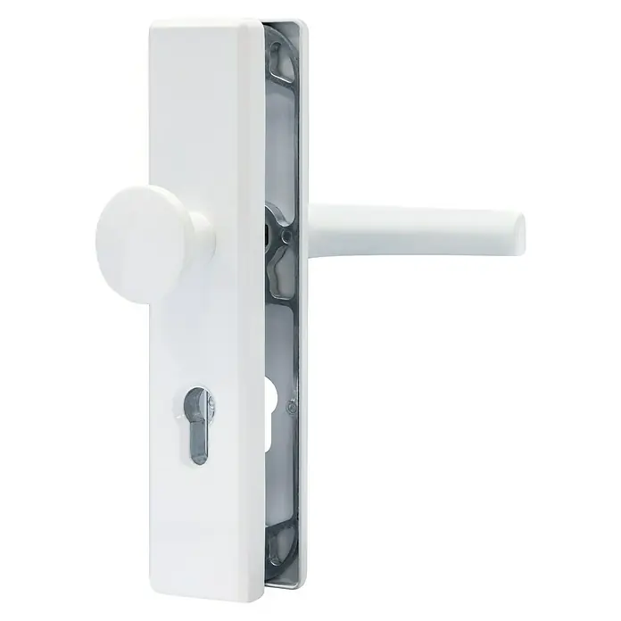 Abus Schutzbeschlag HLN 414 - Hauseingangstür, Stärke Tür: 52 mm - 67 mm, Weiß, Knopf außen, Drücker innen - Weißes Türgriff- und Knaufset mit sichtbarem Innenmechanismus und Schlüsselloch.