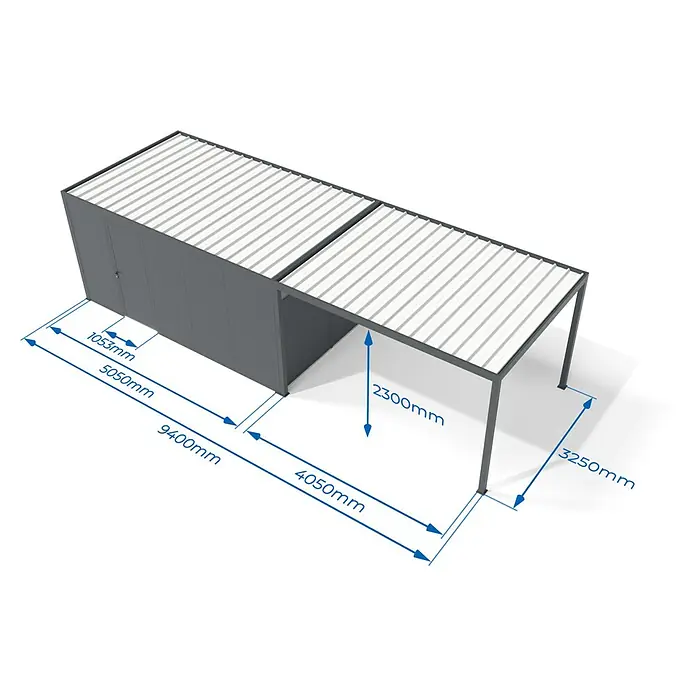 Wismar-NFI Carport - Außenmaß inkl. Dachüberstand (B x T): 3,25 x 9,4 m, Einzelcarport, Mit Anbau - Modulares, dunkelgraues Gerätehaus mit weißem Lamellendach und angebautem Vordach, bemaßt dargestellt. Bietet Stauraum und Schutz im Freien.