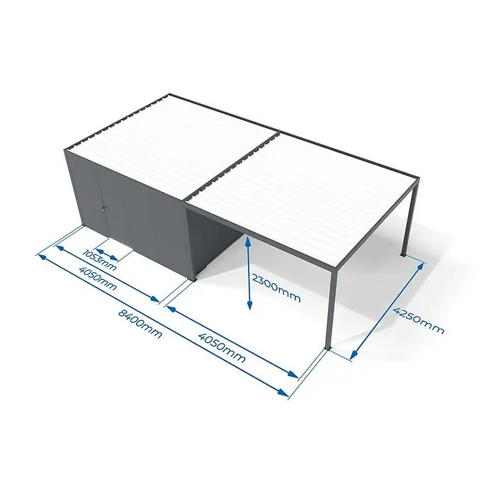 Wismar-NFI Carport - Außenmaß inkl. Dachüberstand (B x T): 4,25 x 8,4 m, Einzelcarport, Mit Anbau - Ein grauer Geräteschuppen mit angebautem Carport.
