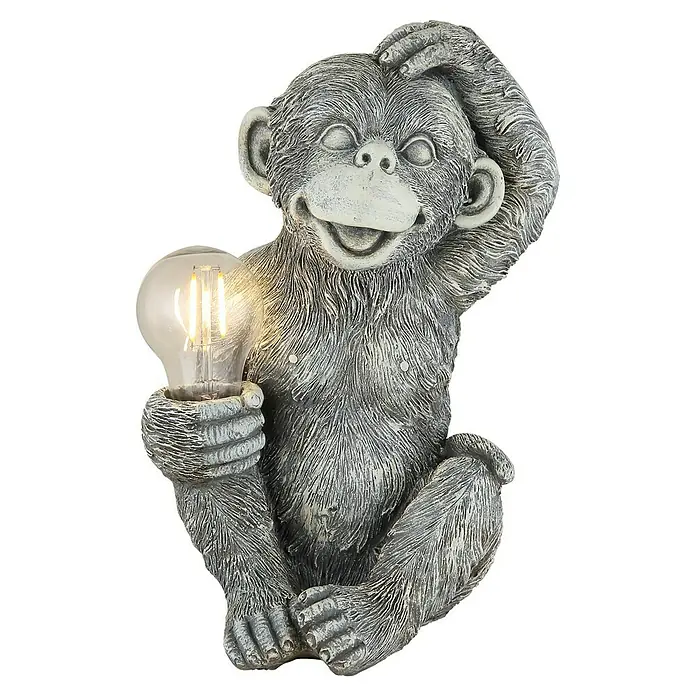 Globo Solar-Dekoleuchte Affe - Lichtfarbe: Warmweiß, LED, Höhe: 27,5 cm - Graue Affenfigur-Lampe aus Polyresin, die eine leuchtende Glühbirne hält, in nachdenklicher Pose.
