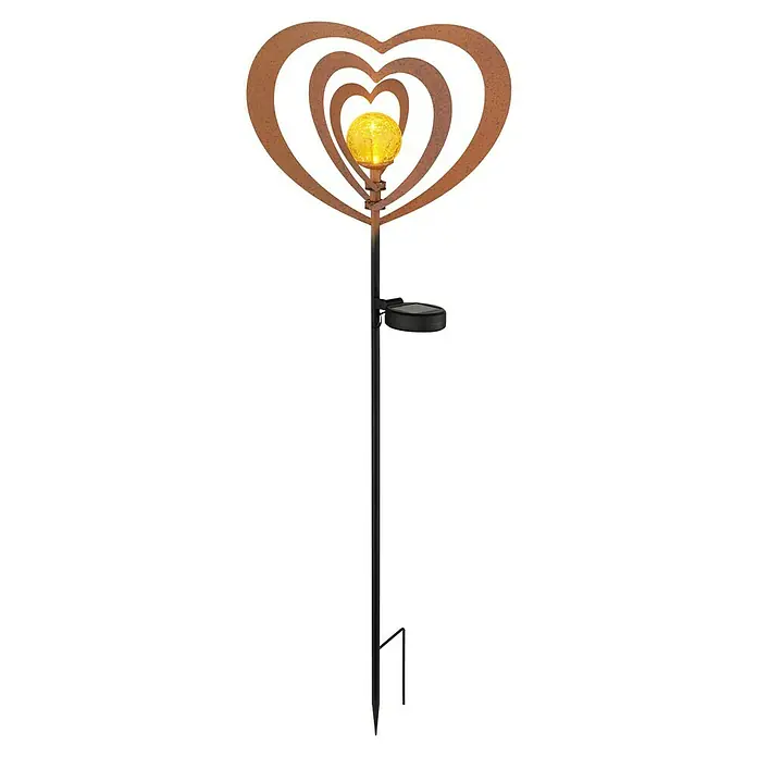 Globo Solar-Dekoleuchte Herzen - L x B x H: 280 x 60 x 820 mm, Silber, IP44, Warmweiß - Solare Gartenleuchte mit herzförmigem Rostmetallrahmen, gesprungener Glaskugel, schwarzem Stab und Erdspieß.