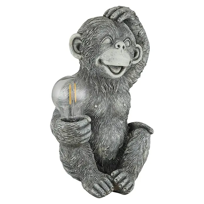Globo Solar-Dekoleuchte Affe - Lichtfarbe: Warmweiß, LED, Höhe: 27,5 cm - Graue Affenskulptur als Lampe, hält eine Vintage-LED-Birne, mit strukturierter, gealterter Oberfläche.