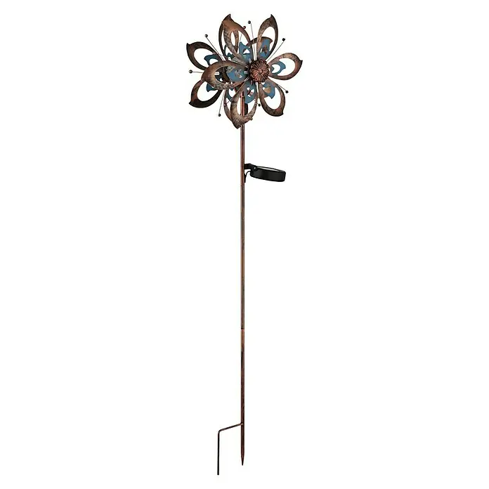 Globo Solar-Dekoleuchte Windrad - L x B x H: 22,5 x 12 x 92 cm, Warmweiß, IP44 - Gartenspieß aus verwittertem Metall mit blauer Blumendekoration und Solarleuchte.