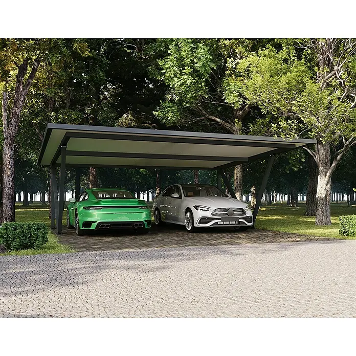 Wismar-NFI Carport Acier - Außenmaß inkl. Dachüberstand (B x T): 4 x 6 m - Moderner, dunkelgrauer Carport schützt zwei Autos in einer grünen Umgebung.