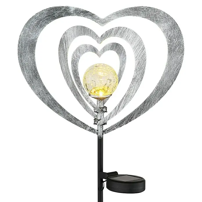 Globo Solar-Dekoleuchte Herzen - L x B x H: 280 x 60 x 820 mm, Silber, IP44, Warmweiß - Solar-Gartenstecker mit mehreren silberfarbenen Herzrahmen und leuchtender Sprühglas-Kugel. Mit schwarzem Erdspieß und Solarpanel.