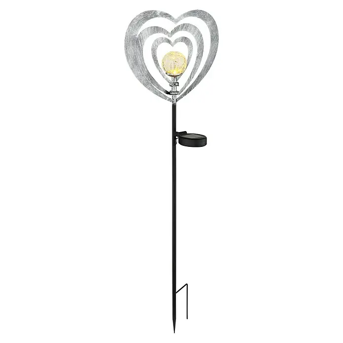 Globo Solar-Dekoleuchte Herzen - L x B x H: 280 x 60 x 820 mm, Silber, IP44, Warmweiß - Strukturierter, silberner Herz-Solar-Gartenstecker mit leuchtender Glaskugel und schwarzem Stab.