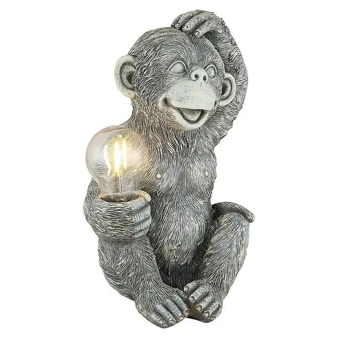 Globo Solar-Dekoleuchte Affe - Lichtfarbe: Warmweiß, LED, Höhe: 27,5 cm - Graue, texturierte Affenstatue mit Hand am Kopf, die eine leuchtende Glühbirne hält.