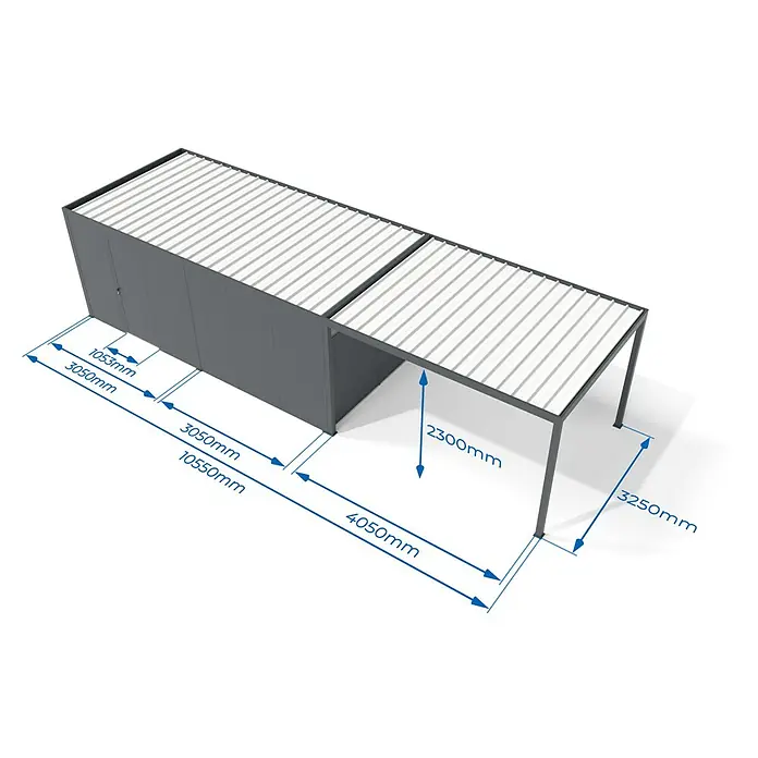 Wismar-NFI Carport - Außenmaß inkl. Dachüberstand (B x T): 3,25 x 1,05 m, Einzelcarport, Mit Anbau - Dunkelgrauer Metallschuppen mit hellgrauem Wellblechdach und angeschlossenem Carport.