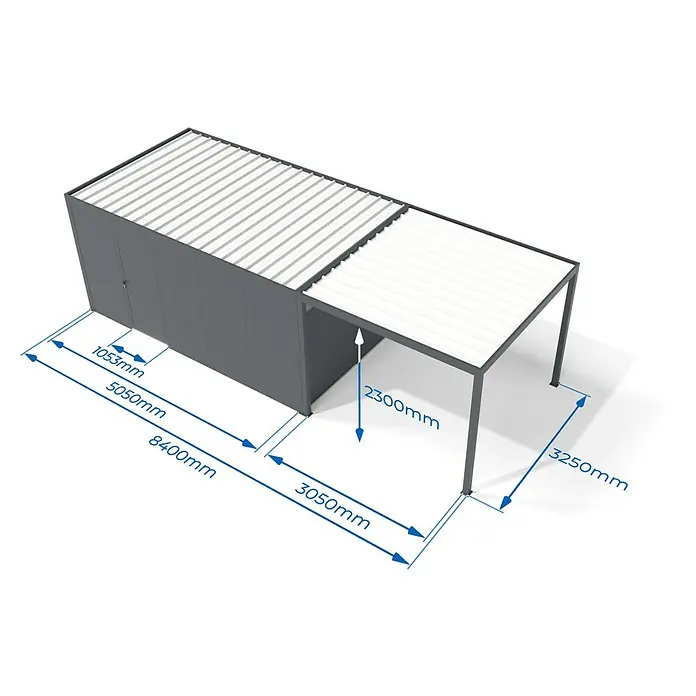 Wismar-NFI Carport - Außenmaß inkl. Dachüberstand (B x T): 3,25 x 8,4 m, Einzelcarport, Mit Anbau - Dunkelgraues Metallgerätehaus mit weißem Wellblechdach, angebautem Carport und Maßangaben.