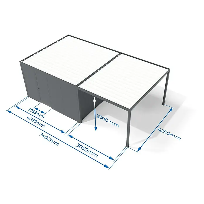 Wismar-NFI Carport 434 - Außenmaß inkl. Dachüberstand (B x T): 4,25 x 7,4 m, Einzelcarport, Mit Anbau - Grauer Metallschuppen mit weißem Wellblechdach und angebautem Carport, mit verschiedenen Maßangaben.
