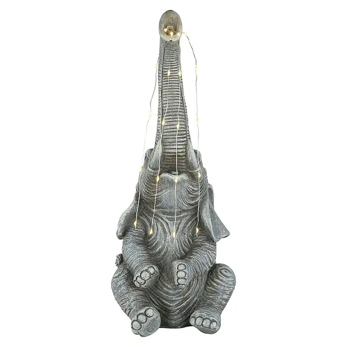 Globo Solar-Dekoleuchte Elefant - L x B x H: 13,5 x 13 x 32,5 cm - Graue Elefantenfigur mit erhobenem Rüssel, der warmweiße LED-Lichterketten hält.