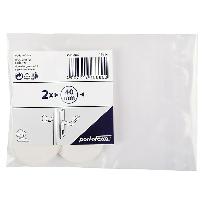Portaferm Türpuffer - Durchmesser: 40 mm, Weiß, 2 Stk. - Ein Paar Portaferm Türpuffer mit 40 mm Durchmesser in einer transparenten Verpackung.