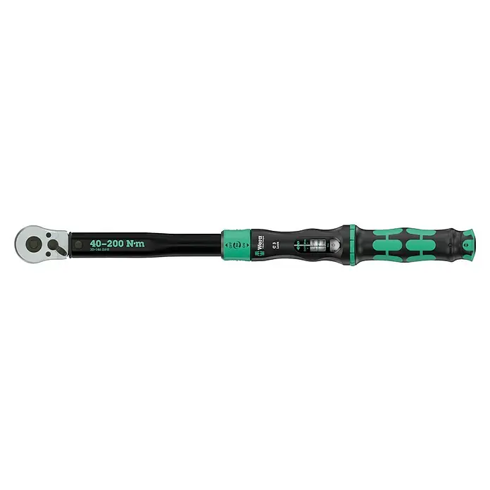 Wera Drehmomentschlüssel Click-Torque C3 - ½″, 40 Nm - 200 Nm - Wera Click-Torque C3 Drehmomentschlüssel, schwarz mit grünen Details, mit 40-200 Nm Bereich.