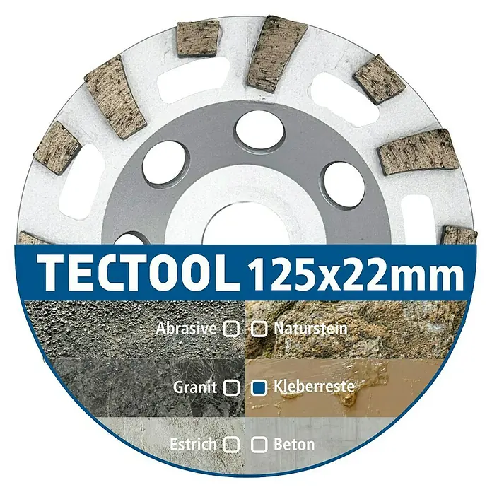 Berg Tectool Diamant-Schleifteller - Durchmesser: 125 mm, Geeignet für: Farbe - Silberne Diamant-Schleifscheibe mit Segmenten und blauem „TECTOOL 125x22mm“ Etikett, für Beton und Stein.