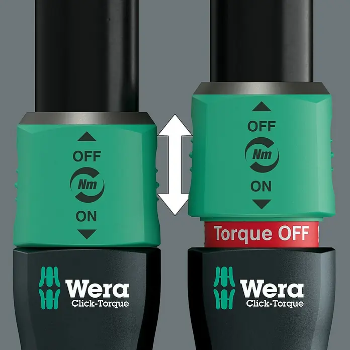 Wera Drehmomentschlüssel Click-Torque C3 - ½″, 40 Nm - 200 Nm - Wera Click-Torque Griff: links grüne Manschette für Nm-Einstellung; rechts, Manschette gesenkt, rotes 'Torque OFF'-Band sichtbar, Deaktivierung anzeigend.