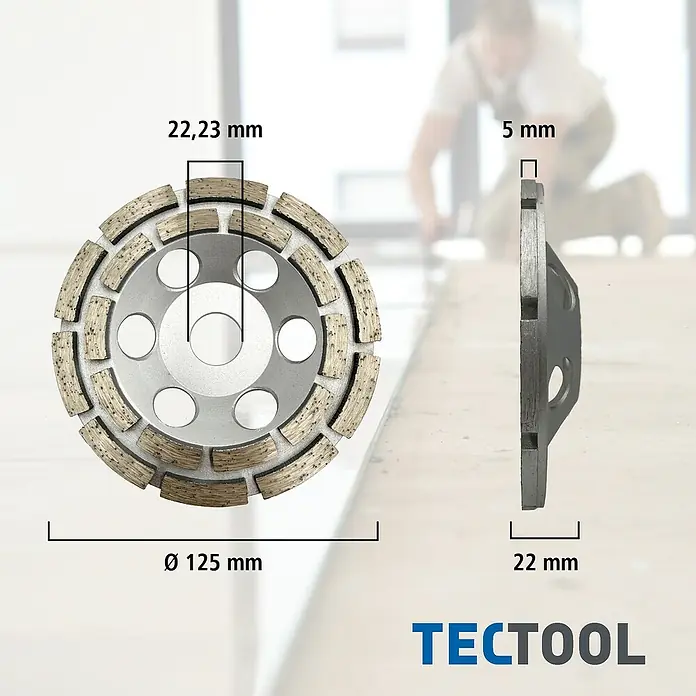 Berg Tectool Diamant-Schleifteller - Durchmesser Scheibe: 125 mm, Geeignet für: Beton - Doppelreihige Diamant-Schleifscheibe, grau-metallisch mit bronzefarbenen Schleifsegmenten. Ø 125mm Durchmesser, 22,23mm Bohrung.