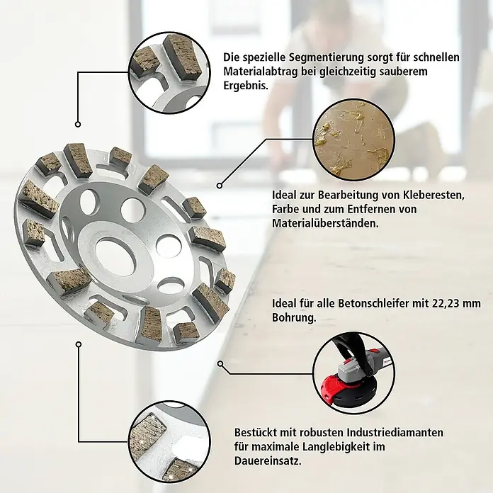 Berg Tectool Diamant-Schleifteller - Durchmesser: 125 mm, Geeignet für: Farbe - Silbergraue Schleifscheibe mit robusten Diamantsegmenten für Betonschleifer.