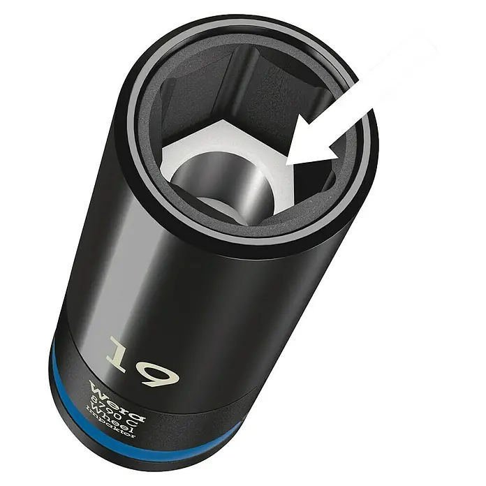 Wera Drehmomentschlüssel Click-Torque C3 - ½″, 40 Nm - 200 Nm - Schwarze Wera 19mm Impaktor Radnuss mit weißem sechseckigen Kunststoffeinsatz zum Felgenschutz.