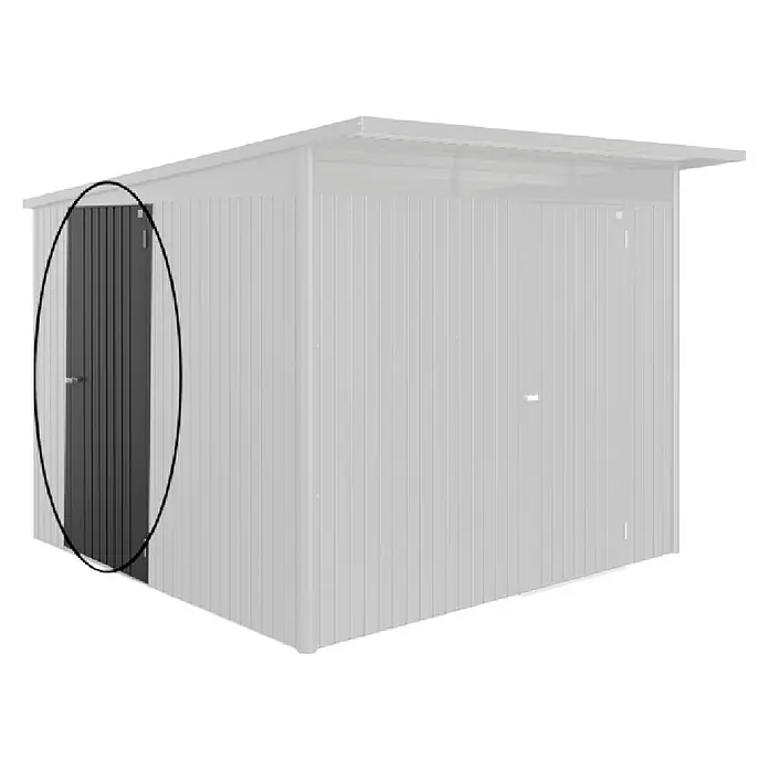 Biohort AvantGarde Zusatztür - Passend für: Biohort AvantGarde Gerätehauser, Dunkelgrau Metallic, Türanschlag rechts - Dunkelgrauer Schuppen mit vertikal getäfelter Vordertür und schrägem Dach.