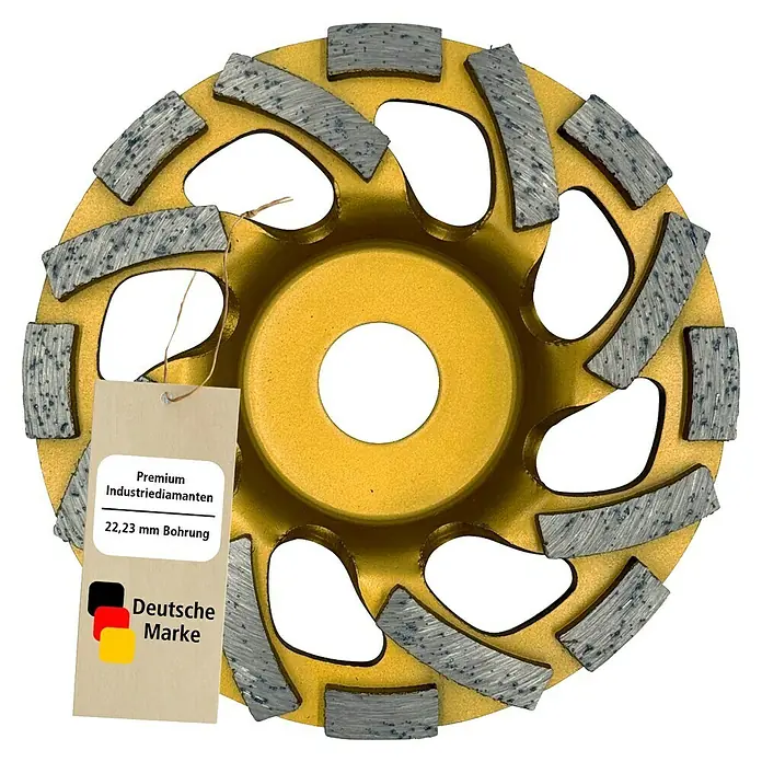 Berg Tectool Diamant-Schleifteller - Durchmesser: 125 mm, Geeignet für: Beton - Goldener Diamant-Schleifteller mit silbernen Schleifsegmenten und Etikett für Industriediamanten und 22,23 mm Bohrung.