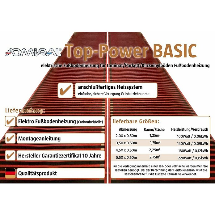 Admiral Laminat- & Parkett-Heizfolie Top-Power (3,5 x 0,5 m, Beheizbare Fläche: 1,75 m²)