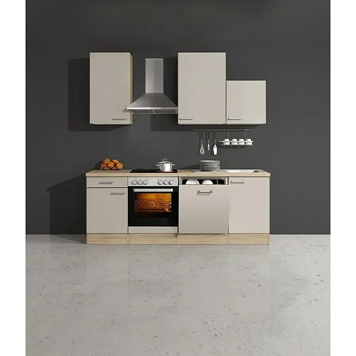 Flex-Well Palma Küchenzeile - Breite: 220 cm, Beige, Mit Elektrogeräten - Moderne, hellbeige Küchenzeile mit Holzdekor-Sockel und -Arbeitsplatte, integriertem Ofen, Kochfeld, Spüle und offenem Geschirrspüler.