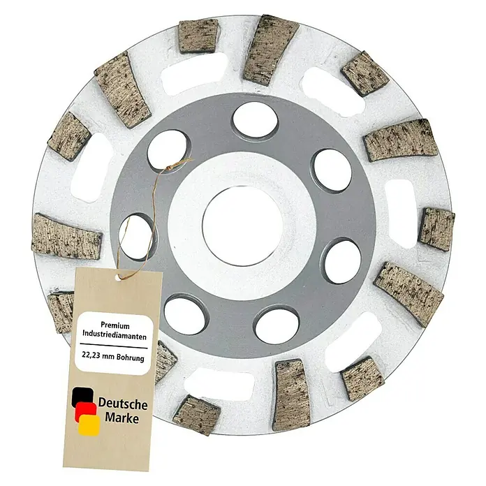 Berg Tectool Diamant-Schleifteller - Durchmesser: 125 mm, Geeignet für: Farbe - Silberne Diamant-Schleifscheibe mit Schleifsegmenten und angehängtem Produktetikett.