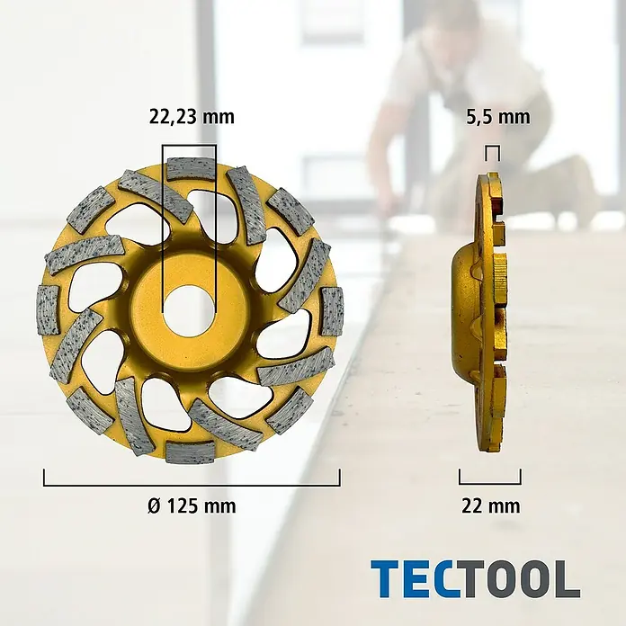 Berg Tectool Diamant-Schleifteller - Durchmesser: 125 mm, Geeignet für: Beton - Goldene Diamant-Schleifscheibe, ø 125 mm mit 22,23 mm Bohrung, für Beton- und Steinarbeiten.