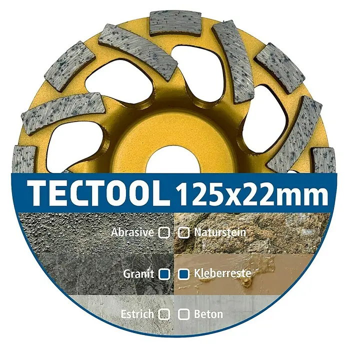 Berg Tectool Diamant-Schleifteller - Durchmesser: 125 mm, Geeignet für: Beton - Goldene TECTOOL Diamantschleiftasse, 125x22mm, mit grauen Schleifsegmenten für diverse Materialien.