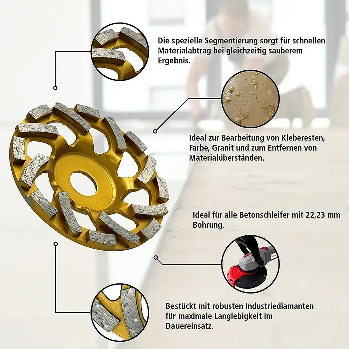 Berg Tectool Diamant-Schleifteller - Durchmesser: 125 mm, Geeignet für: Beton - Goldene Diamant-Schleifscheibe mit segmentierten Schleifpads für Beton- und Materialabtrag.