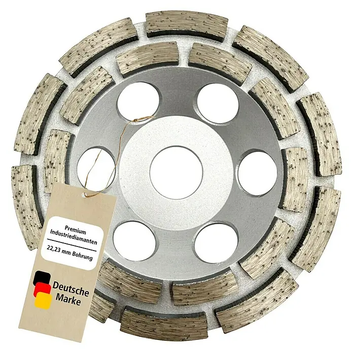 Berg Tectool Diamant-Schleifteller - Durchmesser Scheibe: 125 mm, Geeignet für: Beton - Silberne Diamant-Schleifscheibe mit beigen Segmenten und Etikett: "Premium Industriediamanten", "22,23 mm Bohrung", "Deutsche Marke".